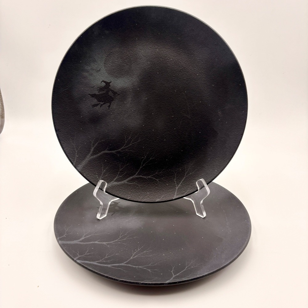 Mesa Brasil Halloween Witch Moon Dinner Plates Set of 2 Black Matte Spooky